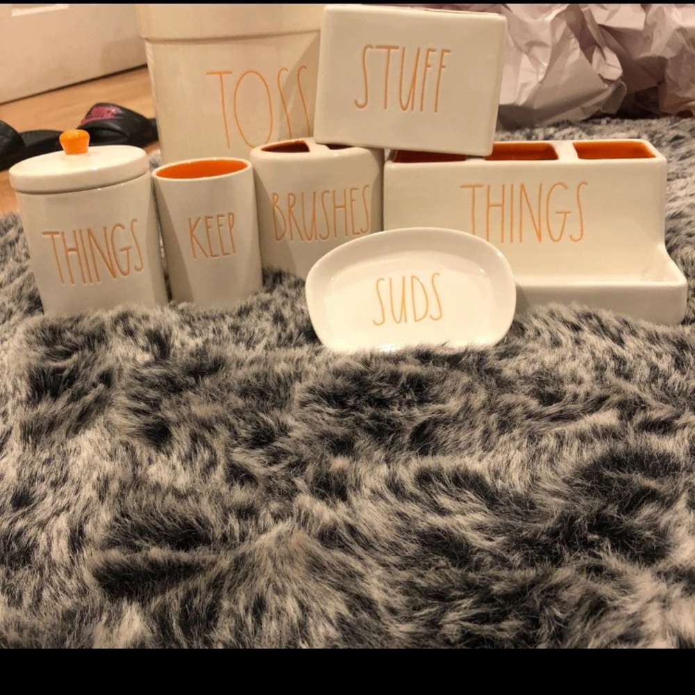 Rae Dunn orange and white bathroom set
